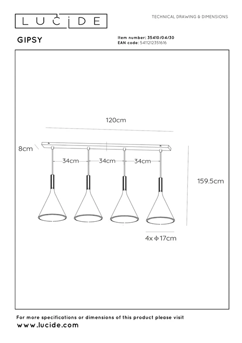 Lucide GIPSY - Hanglamp - 4xE27 - Zwart - technisch